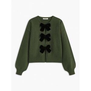 Commense Green Bow Cardigan Sweater Velvet Bows Balloon Sleeve Size L NEW